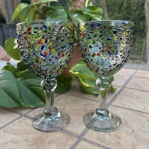 Set of 2 Hand Blown Mexican Confetti Glass Goblets Wine Glasses Multicolor